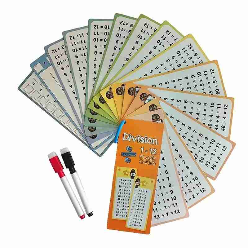 Set of division flashcards with markers on a white background