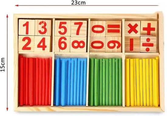 Set of wooden math教具 with numbers and rods in a box