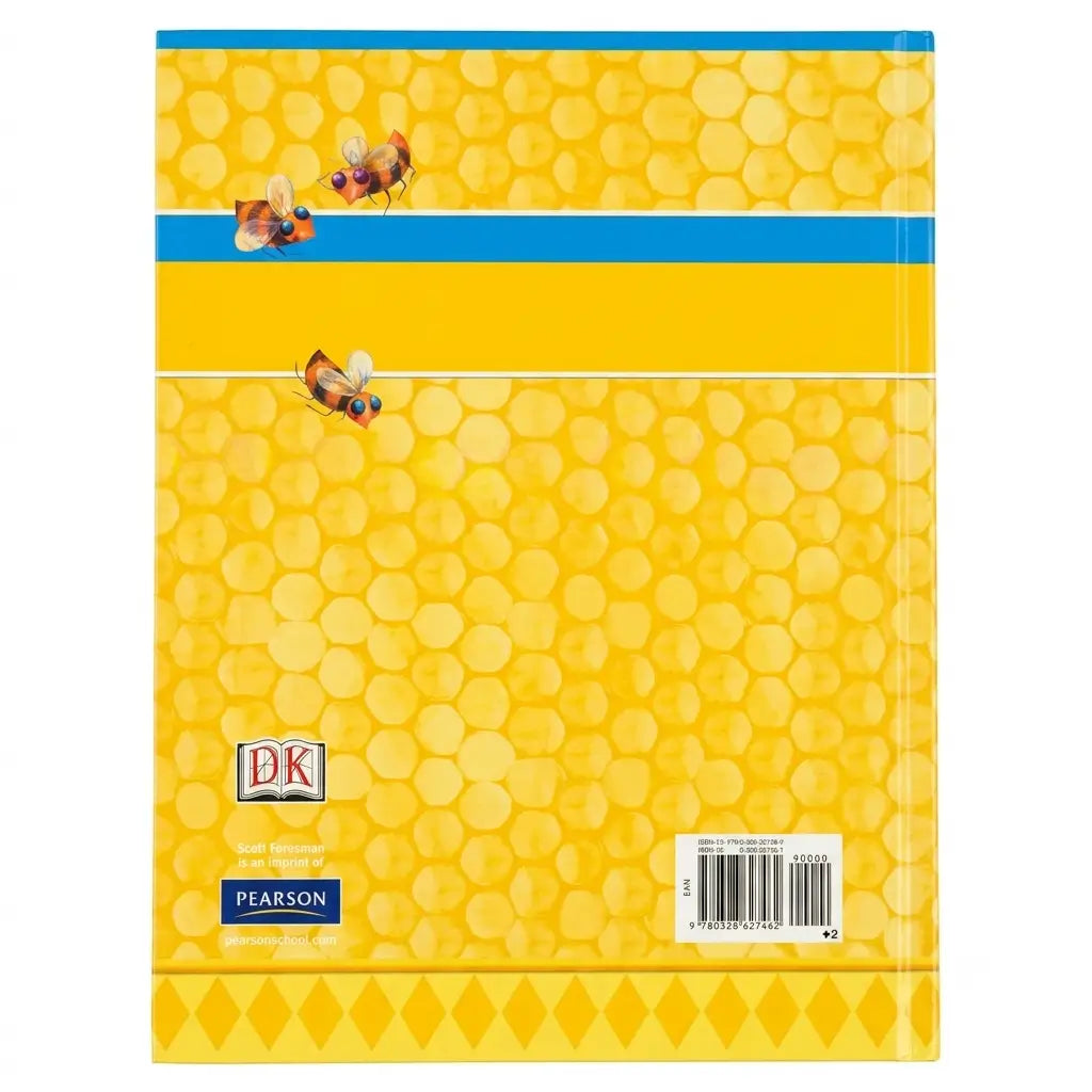 A DK Pearson science textbook with a yellow honeycomb pattern cover, featuring blue accents, bee illustrations, and the DK logo.