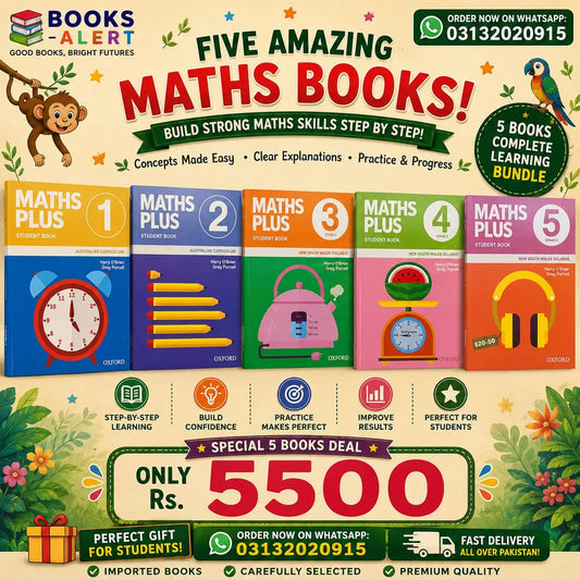 Promotional graphic for a maths books bundle featuring five colorful book covers labeled Maths Plus 1 through Maths Plus 5, with decorative illustrations of a monkey, parrot, and flowers. Large text reads 'Five Amazing Maths Books!' and 'Only Rs.