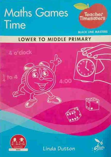 Book cover of 'Maths Games Time' for lower to middle primary students with a cartoon character and clock illustration.