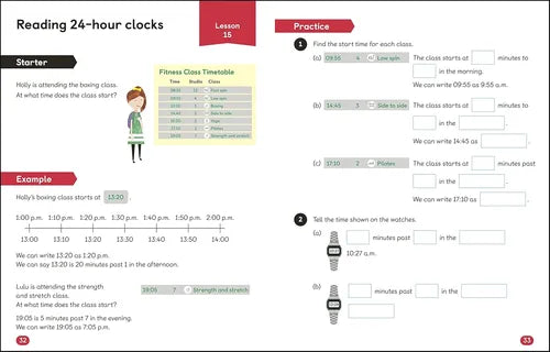 Educational worksheet on reading 24-hour clocks with a fitness class timetable example.