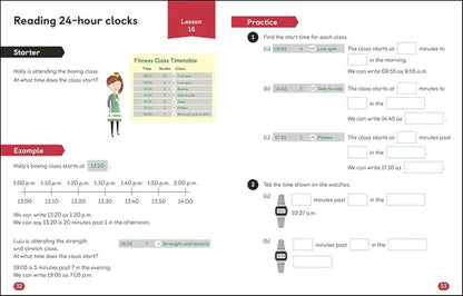 Educational worksheet on reading 24-hour clocks with a fitness class timetable example.