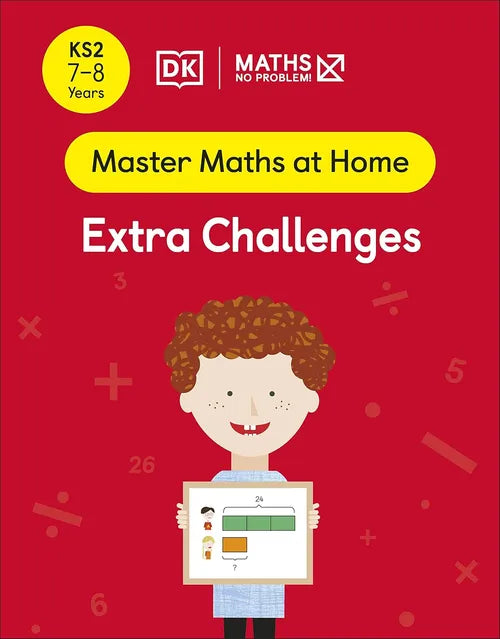 Book cover of 'Master Maths at Home Extra Challenges' with a child holding a math problem on a red background.