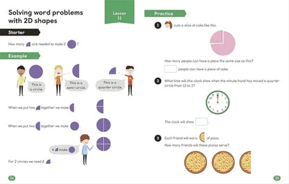 Educational math worksheet on solving word problems with 2D shapes, featuring a clock and pizza illustrations.