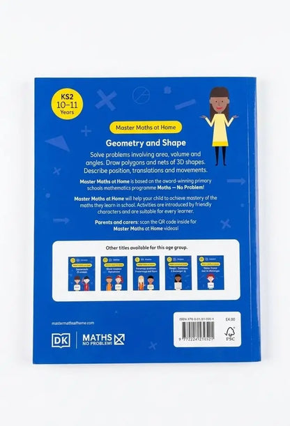 The back cover of a blue DK Maths 'Geometry and Shape' book for KS2, featuring educational text, a cartoon illustration of a child, and a white barcode box at the bottom.