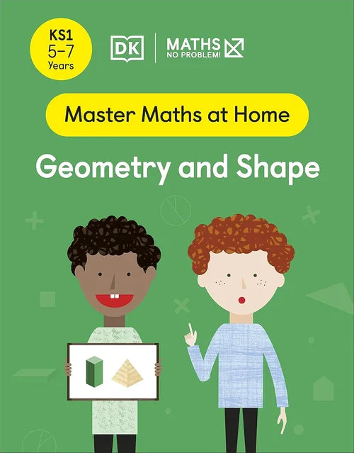 Book cover of 'Master Maths at Home: Geometry and Shape' with two children on a green background
