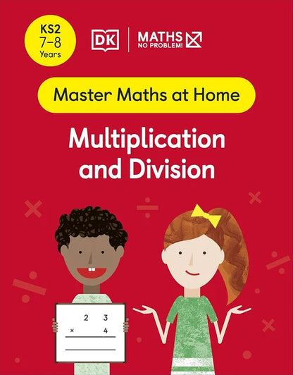 Book cover of 'Master Maths at Home: Multiplication and Division' with two children on a red background.