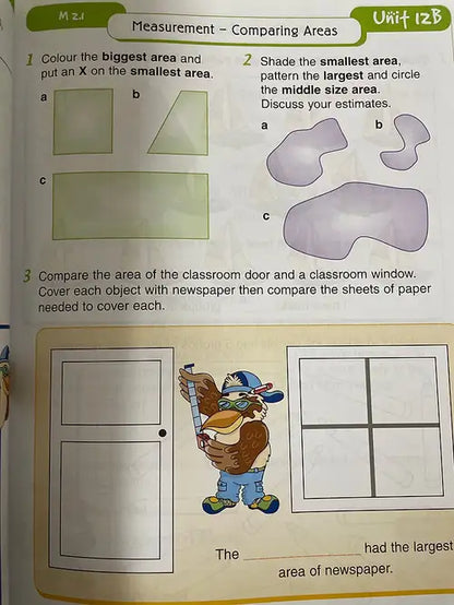 Educational worksheet on comparing areas with a cartoon character and classroom illustrations.
