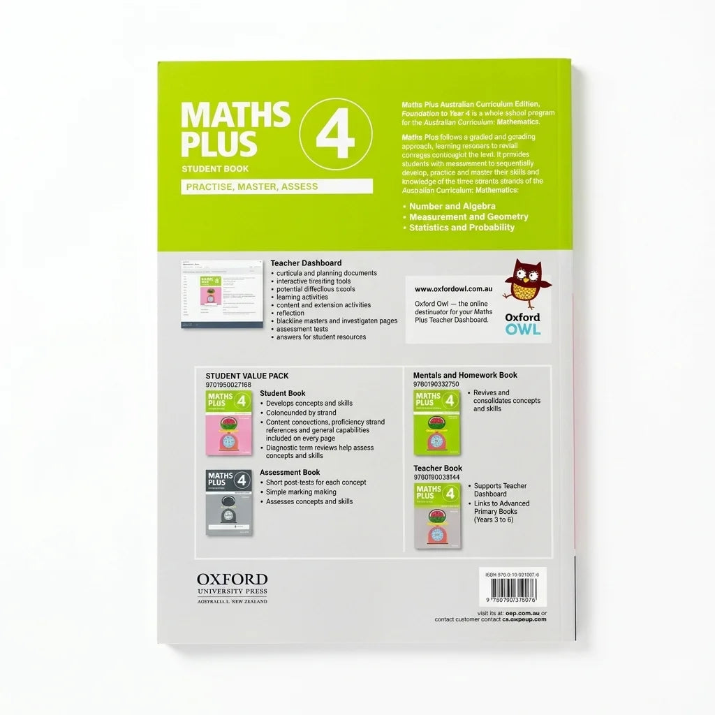 Back cover of the Maths Plus Student Book Level 4 practice, master and assess workbook by Oxford University Press, featuring a bright lime green header and structured sections on a white background.