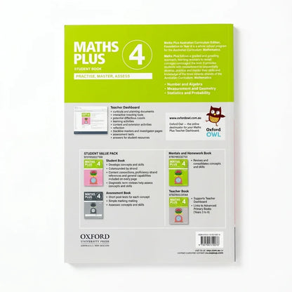 Back cover of the Maths Plus Student Book Level 4 practice, master and assess workbook by Oxford University Press, featuring a bright lime green header and structured sections on a white background.