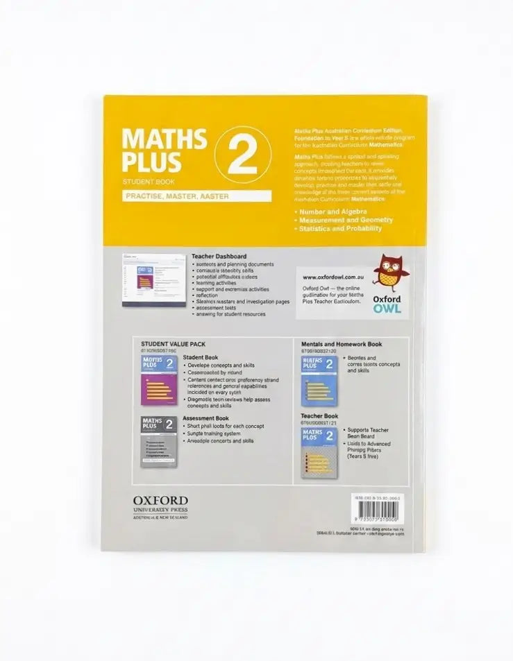 Back cover of an Oxford Maths Plus 2 Student Now Practical Master Aider book, featuring a yellow top section with white text and a light gray lower section with product details and an owl logo.