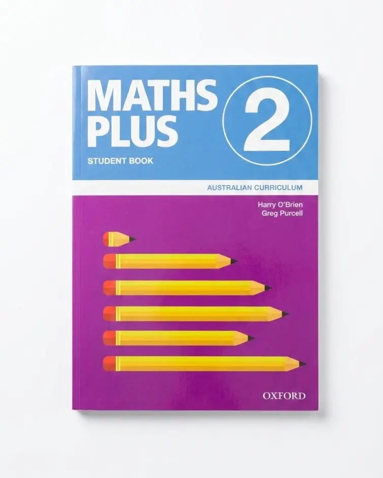 Oxford Maths Plus 2 Student Book for the Australian Curriculum, featuring a blue and purple cover with yellow pencil illustrations.
