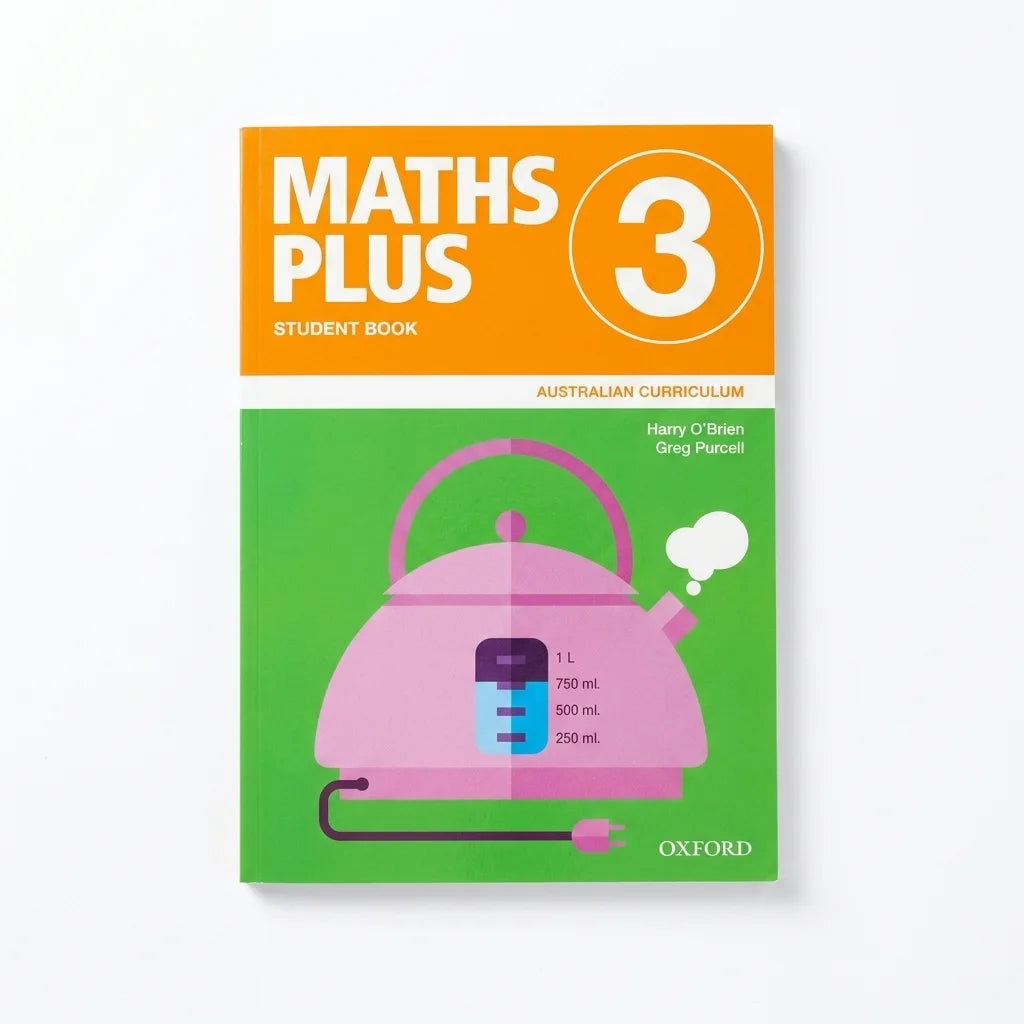 Oxford Maths Plus 3 Student Book cover, featuring an orange top section with white text and a green bottom section with a pink kettle illustration, shown on a light gray background.