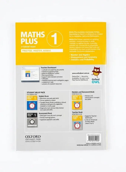The back cover of an Oxford Math Plus 1 Student Value Pack book, featuring a yellow header, white background, and various printed details, logos, and text.