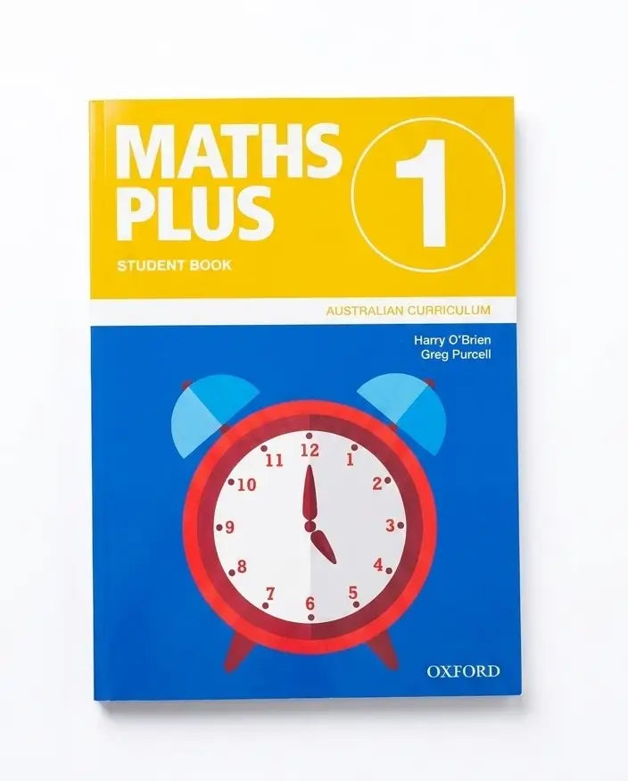 Oxford Maths Plus 1 Student Book cover, featuring a bright yellow top section with white text and a blue bottom section with a red alarm clock illustration.