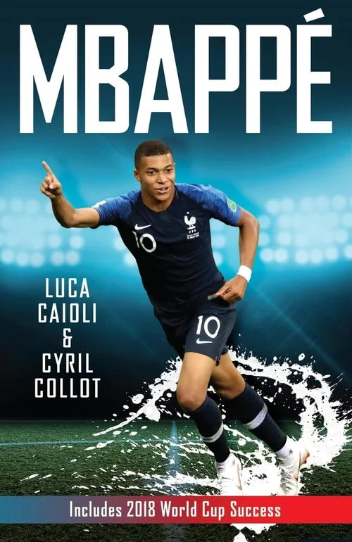 Book cover of 'Mbappé' featuring a soccer player in action on a blue and red background.