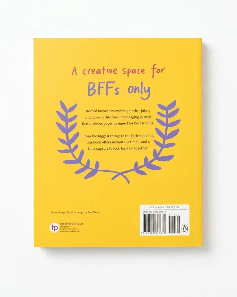 The back cover of a yellow book titled 'A creative space for BFFs only' with purple decorative text and laurel leaves, photographed on a white background.