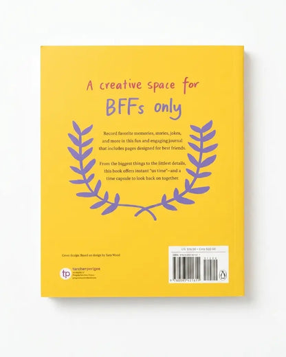 The back cover of a yellow book titled 'A creative space for BFFs only' with purple decorative text and laurel leaves, photographed on a white background.