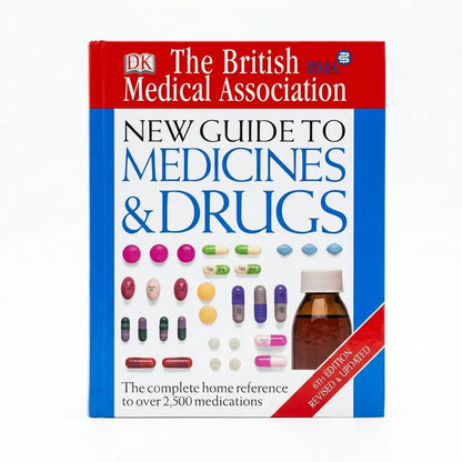 The British Medical Association's 'New Guide to Medicines & Drugs' book cover, featuring a red top banner, blue side borders, and a white center with illustrations of pills and a bottle, on a white background.