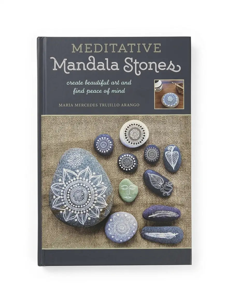 The book 'Meditative Mandala Stones' by Maria Mercedes Trujillo Arango, featuring a dark gray cover with a textured beige lower section displaying various decorated stones.