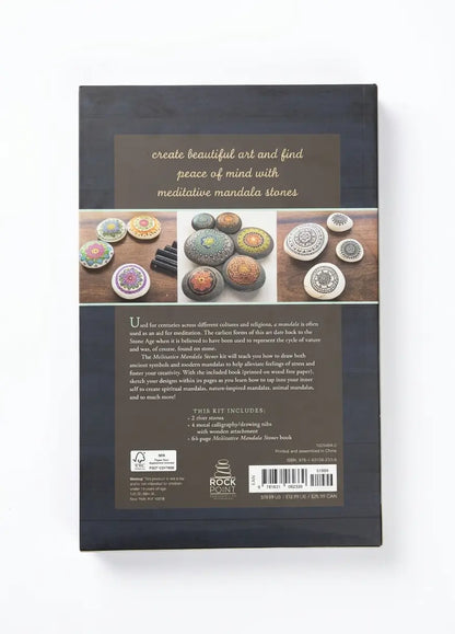 The back cover of a 'Meditative Mandala Stones' art and craft kit book by Rock of Nisage, displayed against a clean white background.