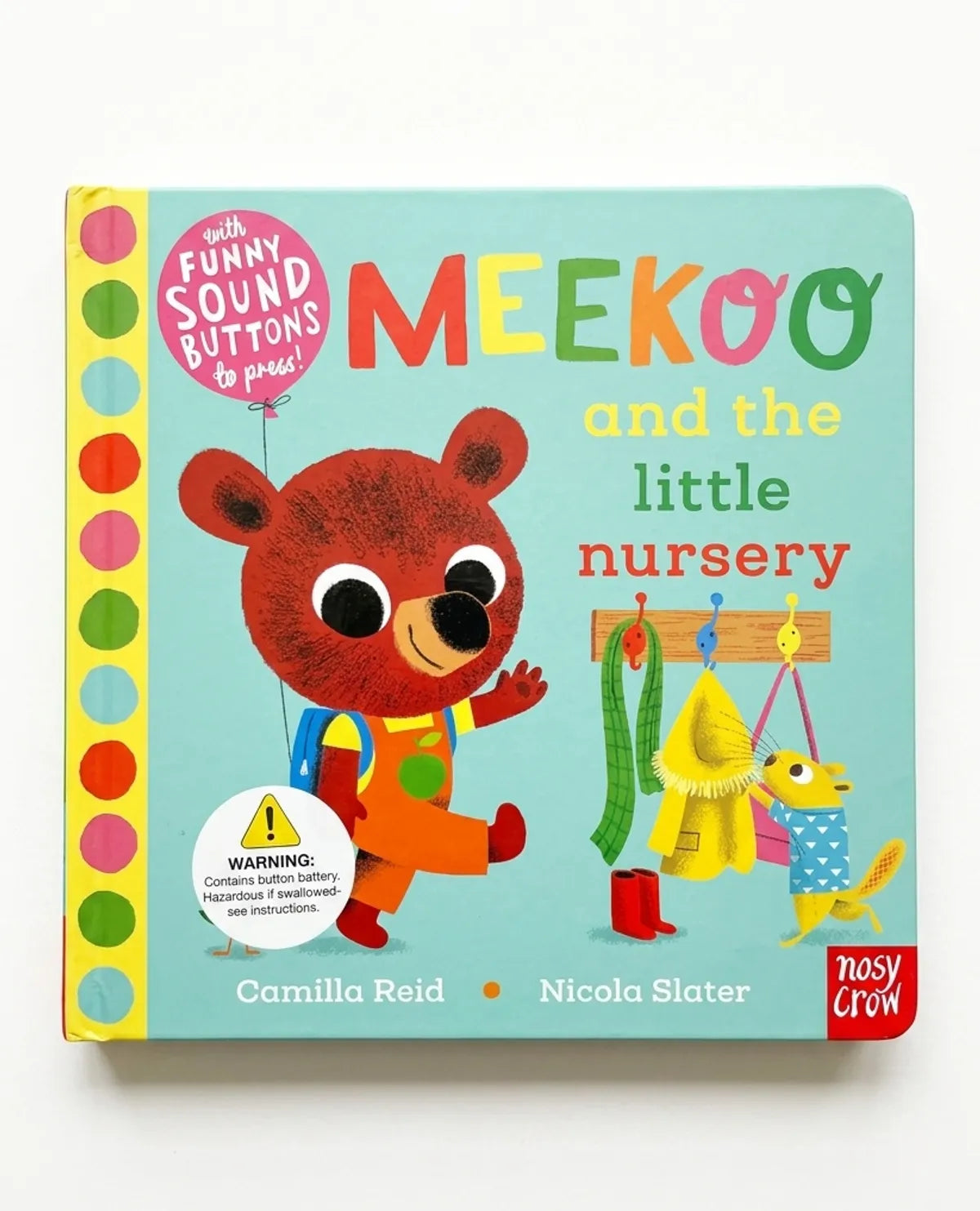 Children's book titled 'Meekoo and the Little Nursery' with colorful cover and sound buttons.