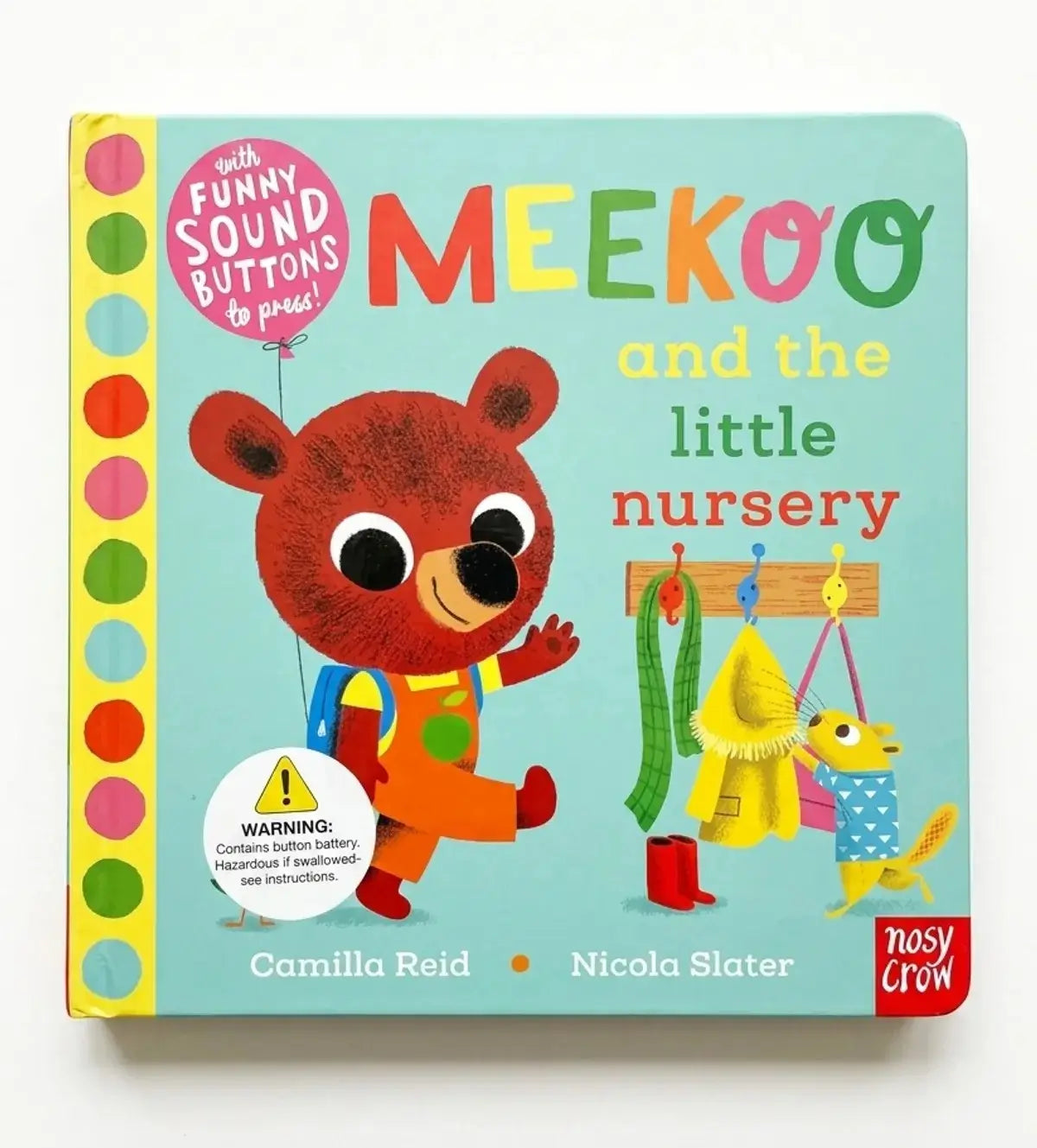 Children's book titled 'Meekoo and the Little Nursery' with colorful cover and sound buttons.