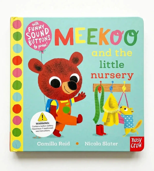 Children's book titled 'Meekoo and the Little Nursery' with colorful cover and sound buttons.