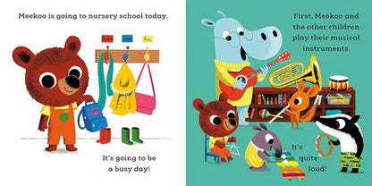 Illustrated book pages showing a bear character with a bag, a blue hippo playing instruments, and text about nursery school.