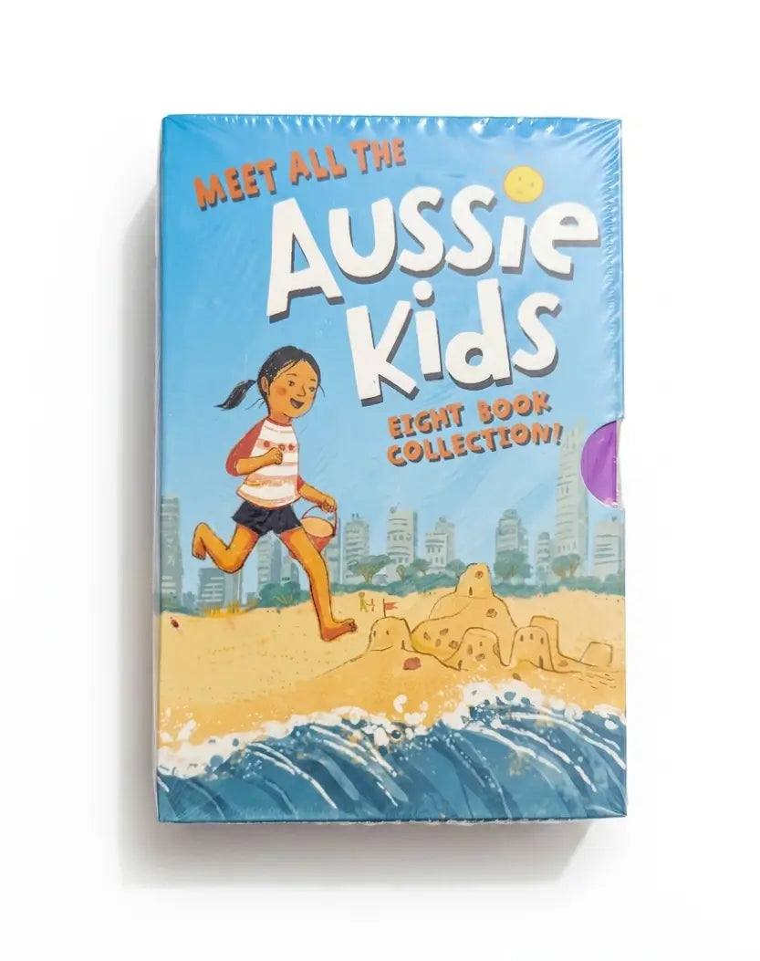 A boxed book collection titled "Meet All the Aussie Kids" on a plain white background. The package shows an illustrated beach scene with a child running, sandcastles, ocean waves, and a blue sky background.