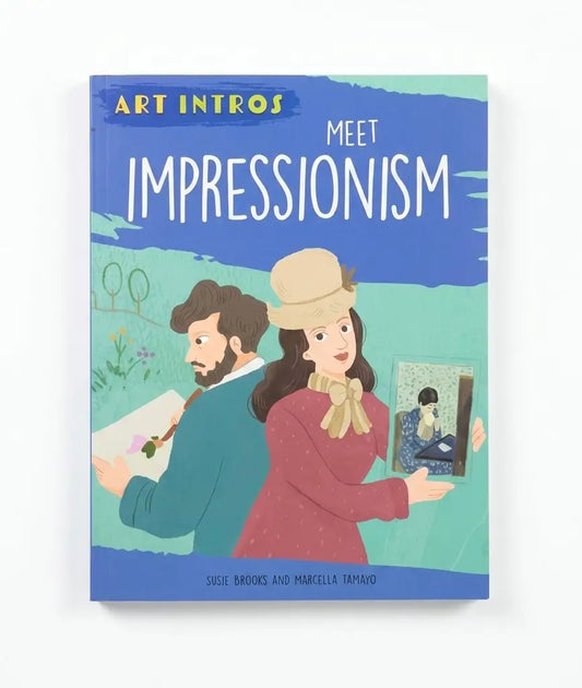 A children's book titled 'Art Intros Meet Impressionism' shown against a plain white background. The cover features a colorful illustration of an artist and a woman holding a mirror, with blue and green tones dominating the design.
