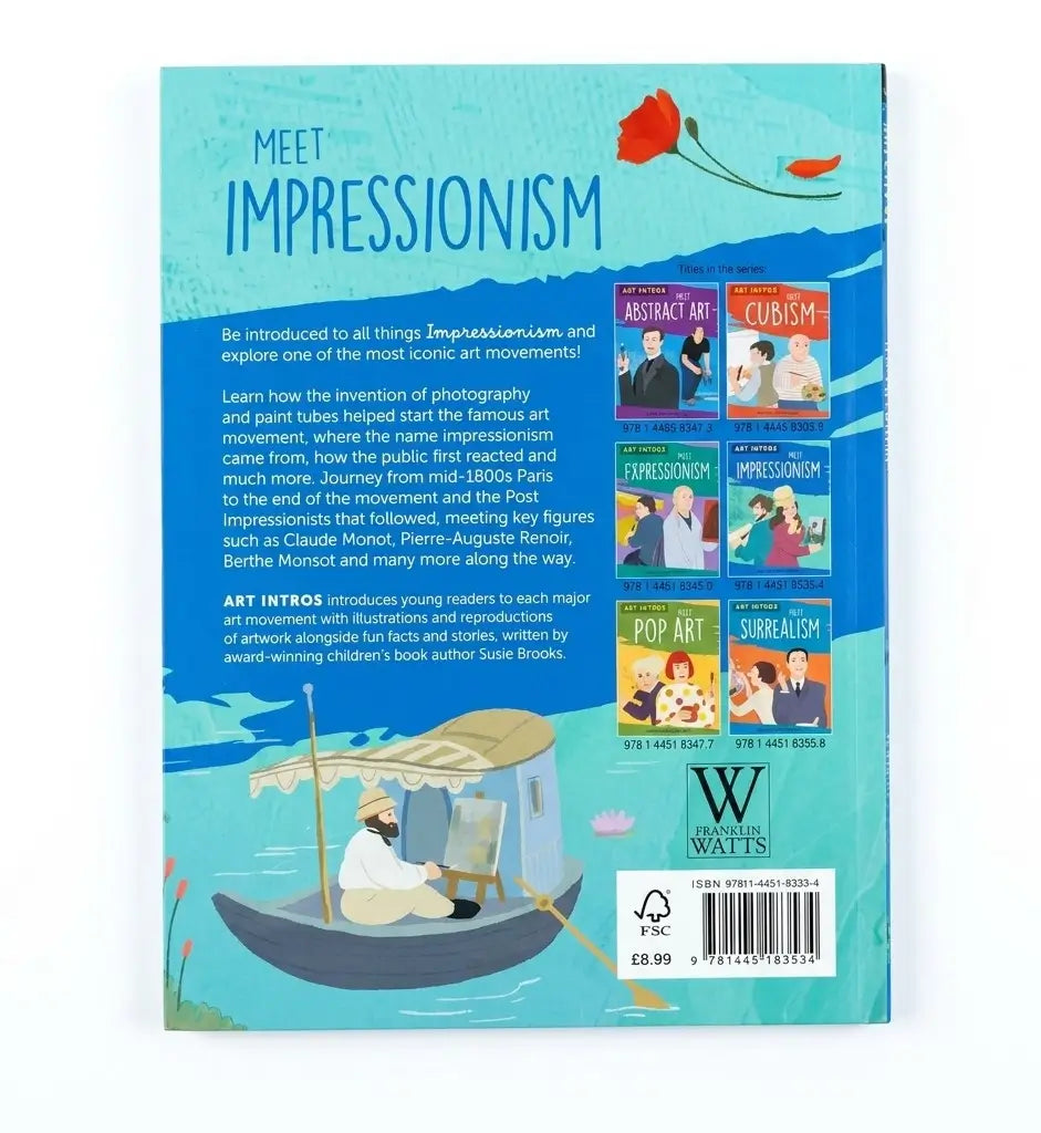The back cover of the children's book 'Meet Impressionism' by Wendy Watts, featuring a vibrant blue background with illustrations of a boat, a red flower, and various art movement book covers.