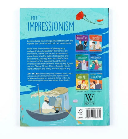 The back cover of the children's book 'Meet Impressionism' by Wendy Watts, featuring a vibrant blue background with illustrations of a boat, a red flower, and various art movement book covers.