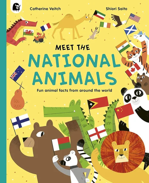 Book cover of 'Meet the National Animals' with illustrations of animals holding flags from different countries.