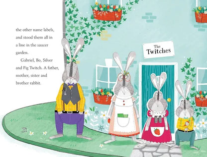 Illustration of a family of rabbits in a garden setting with plants and a door labeled 'The Twitches'.