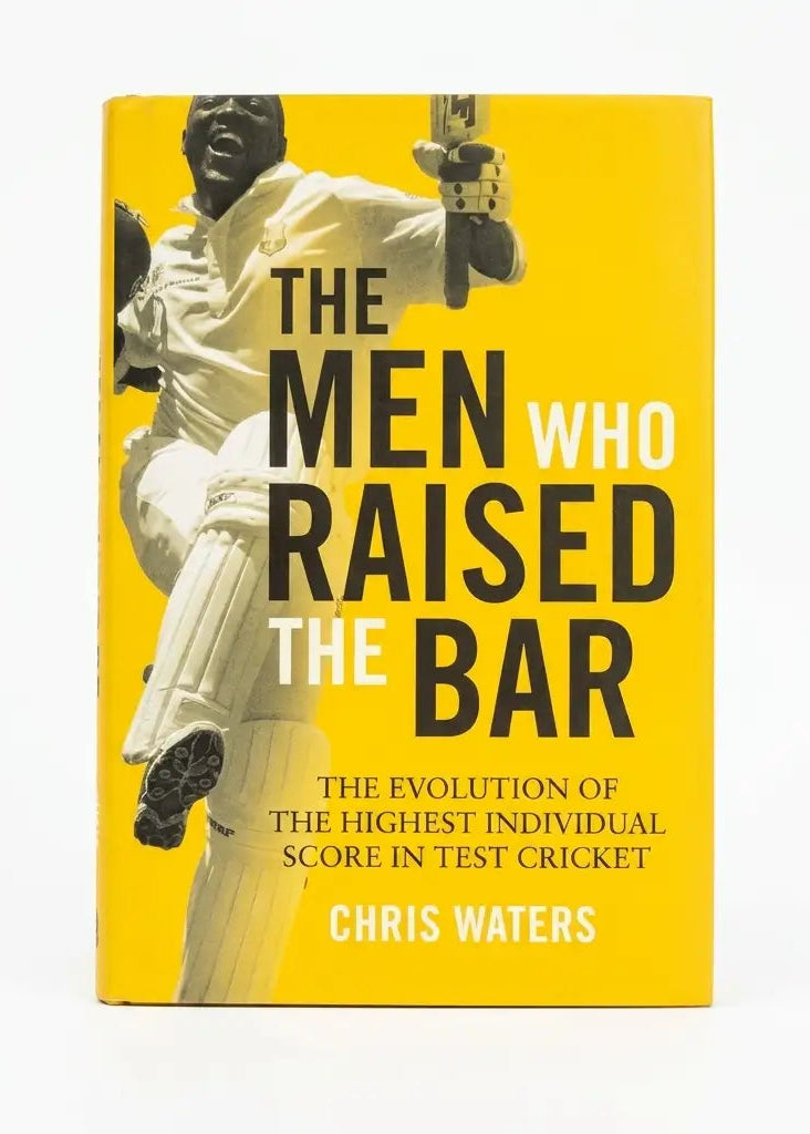 The front cover of the book 'The Men Who Raised the Bar' by Chris Waters, featuring a bright yellow background with a black-and-white photograph of a cricket player and bold black and white text.