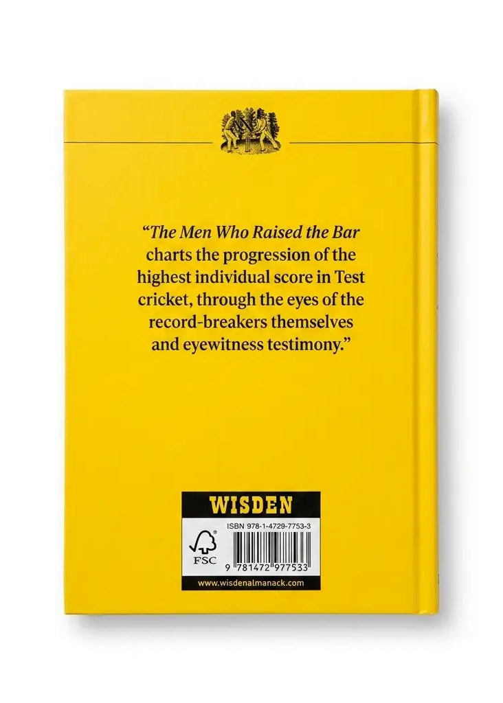 The back cover of a yellow Wisden book, featuring black text with a quote about Test cricket and a barcode at the bottom.