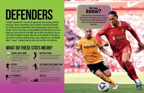 Two soccer players in action with sports statistics and information on a colorful background