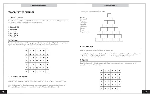 Page from a book with word power puzzles and a pyramid structure.