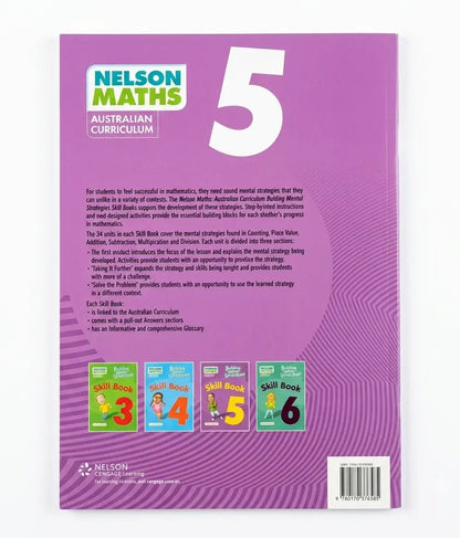 Back cover of a Nelson Maths Australian Curriculum 5 book, featuring a purple background with a large white number 5, descriptive text, and small covers for skills books 3 through 6 at the bottom.