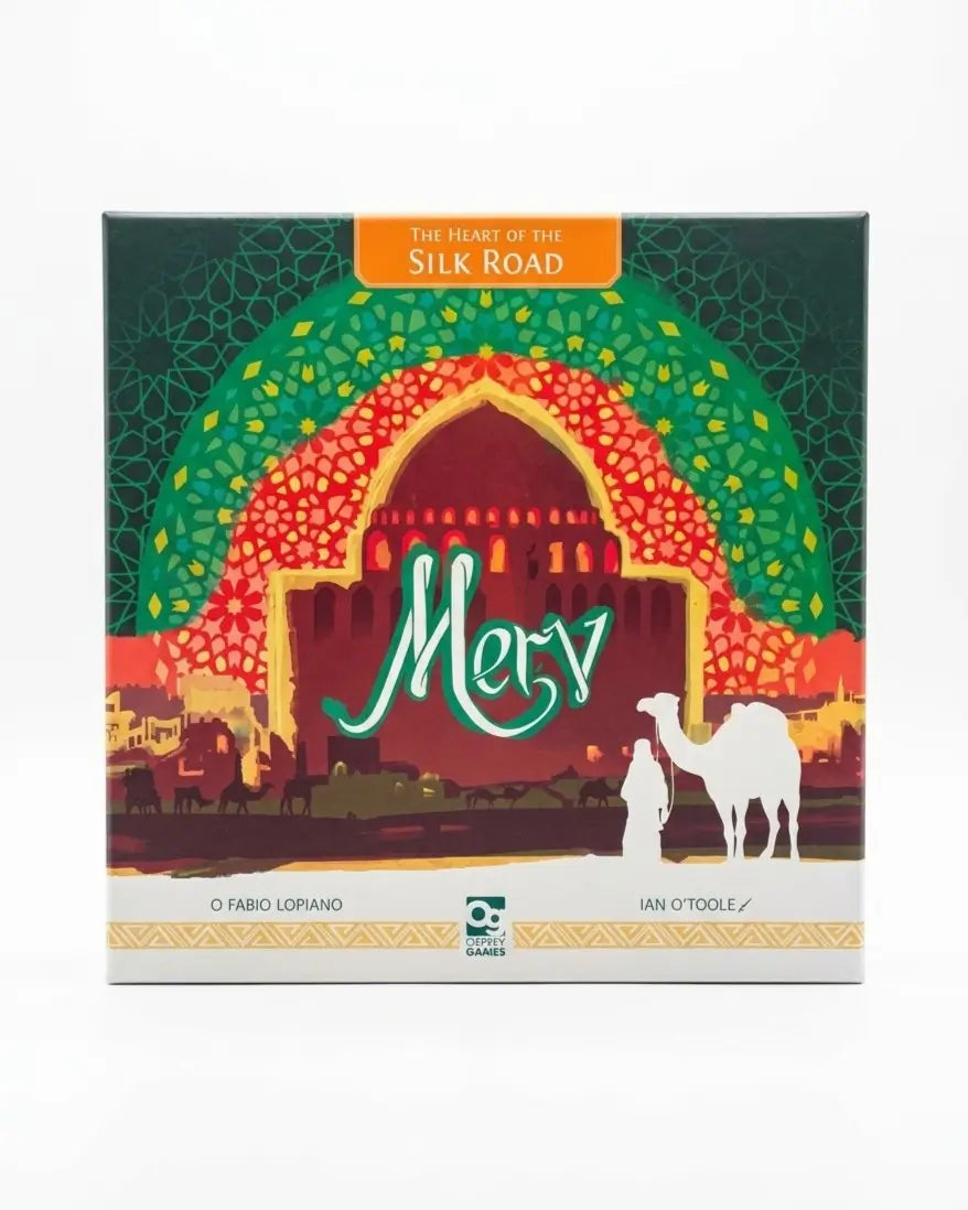 The front of the board game box for 'The Heart of the Silk Road' by Game Designers Guild. The box features a colorful illustration of an archway with green, red, and orange patterns, the word 'Merv' in stylized green lettering, and silhouettes of camels and people.