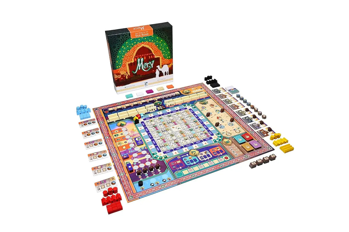 A colorful board game set displayed on a white background, featuring a large rectangular game board with illustrated sections, multiple character pieces, cards, and a branded game box standing upright behind it.