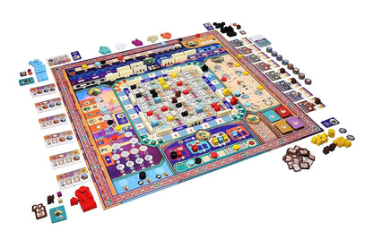 Colorful board game with various pieces on a white background