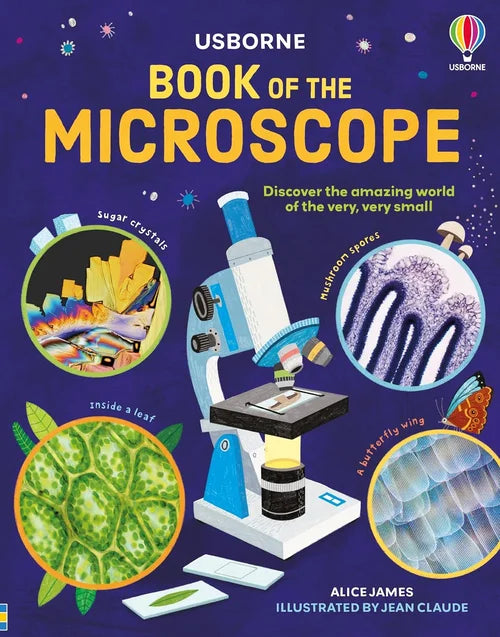 Book cover of 'Book of the Microscope' by Usborne with images of a microscope and micrographs.