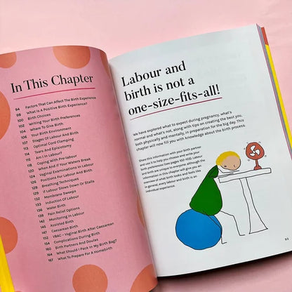 Open book with text and illustrations on a pink background