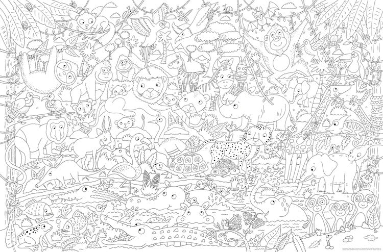 Coloring page with various animals and objects in black and white.