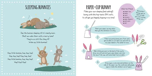 Children's craft activity sheet with instructions for a paper-cup bunny, featuring illustrations and text.