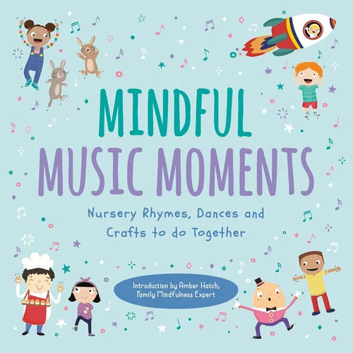 Book cover of 'Mindful Music Moments' with colorful illustrations of children and animals on a light blue background.