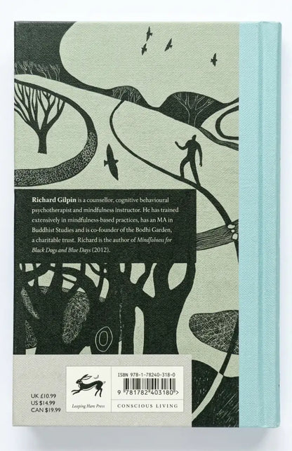 Book cover with illustrations of a person walking on a path, trees, and birds against a light green background.